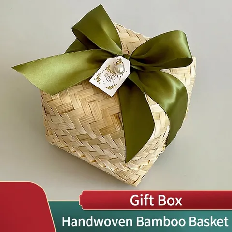 Handmade Woven Bamboo Gift Basket With Lid Ribbon Bow Artificial Pearl Thank You Tag For Wedding Souvenir Candy Storage