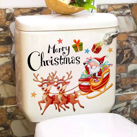 Weihnachts Toilettenaufkleber PVC Weihnachtsmann Rentier Schlitten Frohe Weihnachten Badezimmer Wandtattoo Festliche Deko