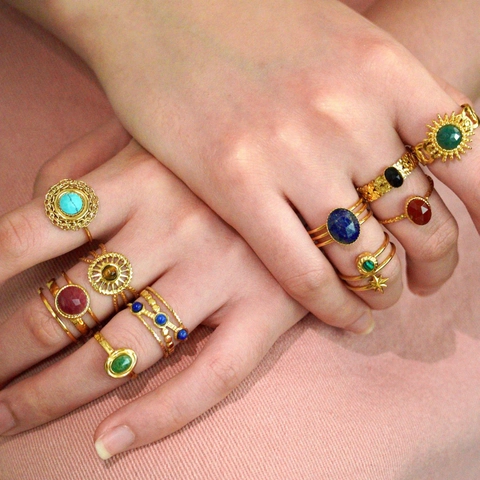 Böhmischer Offener Ring Edelstahl Naturstein Inlay Sonnenstrahl Geometrisch Verstellbar Vintage Schmuck Damen