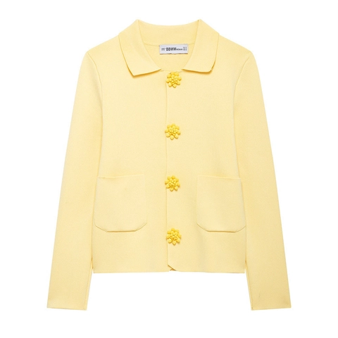Women Long Sleeve Knit Cardigan Yellow Flower Shaped Buttons Lapel Front Pockets Casual Sweet Loose Sweater