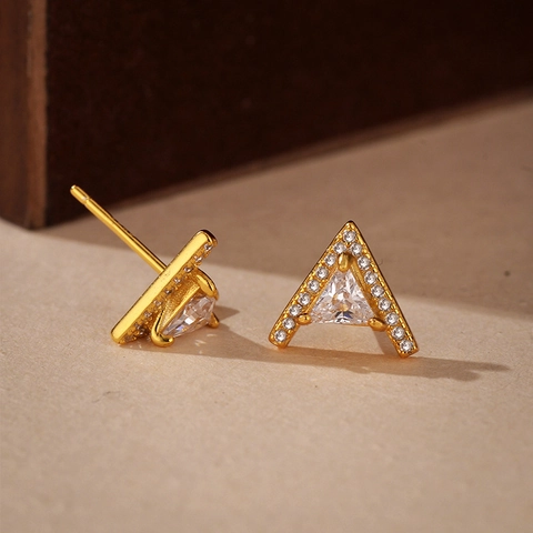 Boucles Oreilles Triangle Géométrique Tige Argent Sterling 925 Plaqué Or 18K Zircone Forme V Pour Femmes