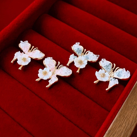 Vlinder Bloem Oorknopjes Met Zilveren Oorsteker Legering Kristal Zoet Vers Elegant Dames Sieraden