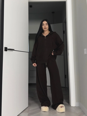 Hooded Zip Up Sweater Jacket And High Waist Wide Leg Pants Women Cotton Polyester Knit Solid Color Casual Lounge