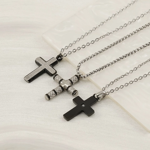 Cross Pendant Necklace Stainless Steel With Carbon Fiber And Rhinestone Hip Hop Fashion Jewelry For Men Women