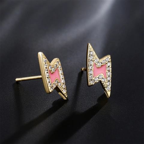 Lightning Bolt Stud Earrings Copper 18K Gold Plated Zircon Colorful Enamel Geometric INS Style Jewelry For Women