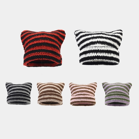 Berretto Con Orecchie Di Gatto Righe Acrilico Maglia Grossa Cappello Invernale Caldo Corna Di Diavolo Kawaii Stile Giapponese
