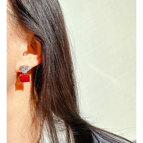 Pendientes de Botón de Latón Con Corazón Circonia y Piedra Cuadrada Roja Mujer Con Poste de Plata de Ley 925 Joyería Elegante