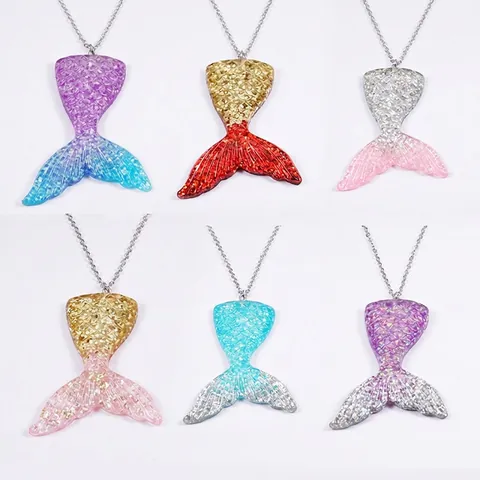 Zeemeermin Staart Hanger Ketting Roestvrij Stalen Ketting Hars Glitter Gradiënt Pailletten Oceaan Thema Sieraden Vrouwen
