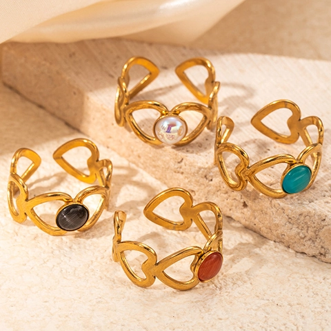 French Light Luxury Titanium Steel Heart Hollow Open Ring Multicolor Rhinestone Artificial Pearl 18K Gold Plated Women Finger Ring Jewelry