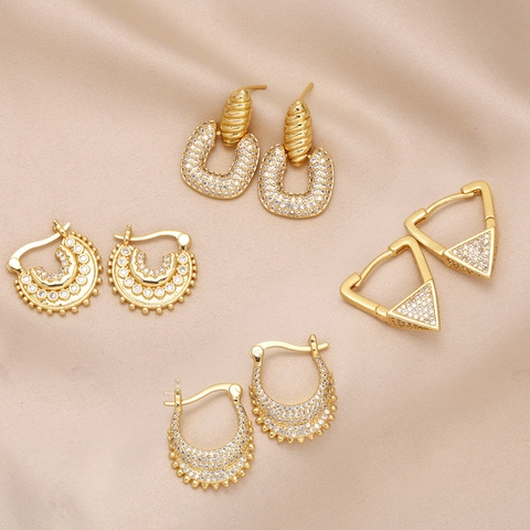 Geometric Stud Earrings 18K Gold Plated Copper Full Zircon Inlaid Triangle U-Shape Huggie Fashion Jewelry For Women