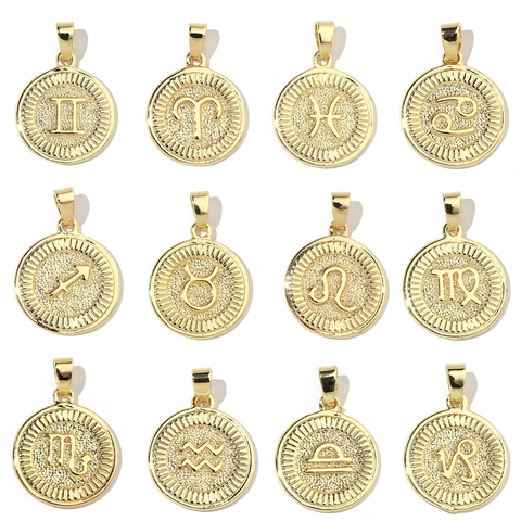 Zodiac Sign Pendants Round Coin Copper Gold Plated With Zircon Vintage Celestial Symbols Charms For Jewelry Making Women