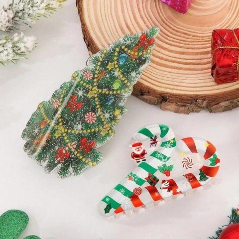 Christmas Hair Claw Clips Acrylic Cartoon Santa Gingerbread Man Candy Cane Festive Party Hair Accessories For Women
