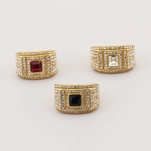Men Hip Hop Ring Stainless Steel Iced Out Square Zircon Artificial Gemstone Punk Rock Bold Fashion Jewelry