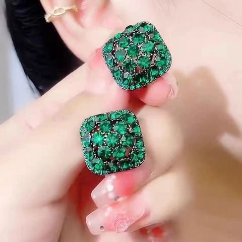 Rhombus Stud Earrings With Green Rhinestone And Silver Earring Post Geometric Square Fashion Elegant Luxury For Women