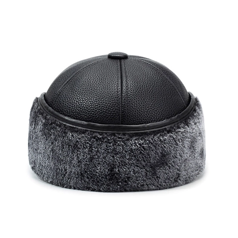 Men Winter Warm Baseball Cap Faux PU Leather Earflap Hat Lychee Texture Thick Plush Lining Windproof Trapper Hat For Middle Aged