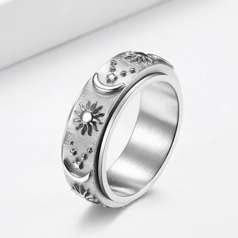Celestial Spinner Ring Stainless Steel Sun Moon Star Relief Rotatable Anxiety Relief Band Jewelry