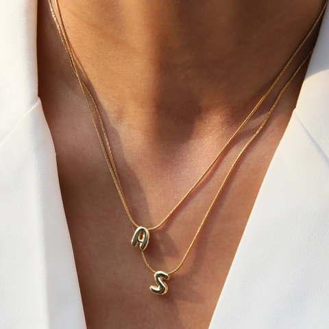 3D Bubble Initial Letter Pendant Necklace Gold Plated Brass And Stainless Steel Snake Chain Jewelry For Women