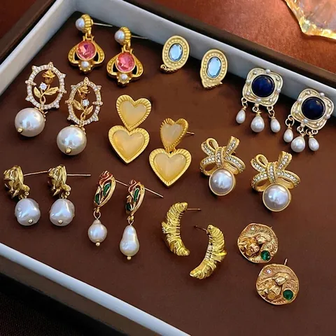 Vintage Stud Earrings For Women With 925 Sterling Silver Earring Post Alloy Artificial Pearl Heart Flower Retro French Accessory