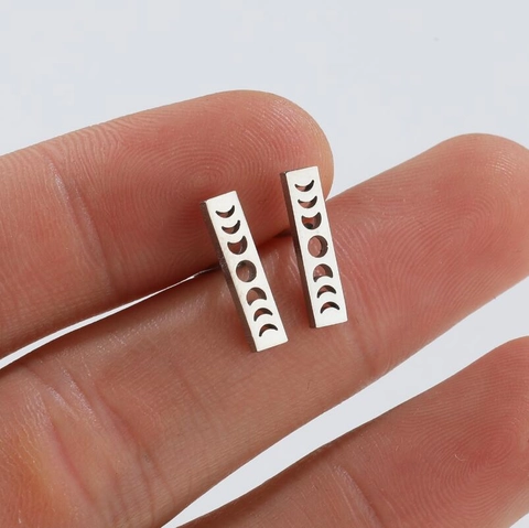 Minimalist Moon Phase Hollow Rectangle Stud Earrings Stainless Steel Geometric Celestial Jewelry Gift For Women