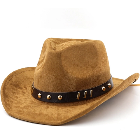 Vintage Western Cowboy Hat Faux Suede Rivet Leather Belt Wide Brim Outdoor Sun Protection Retro Jazz Fedora Men Women