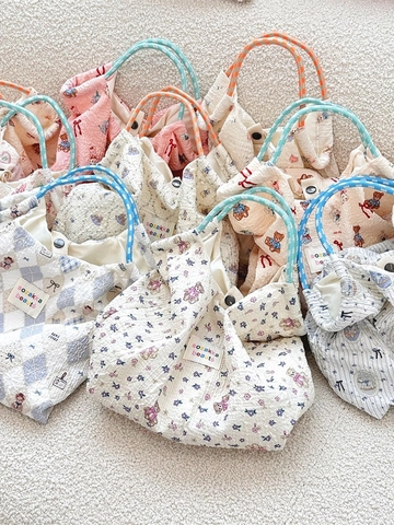 Cartoon Bear Rabbit Print Tote Bag Seersucker Polyester High Capacity Handbag Woven Rope Handle Casual Daily For Women