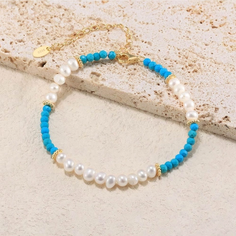 925 Sterlingsilber Natürliche Süßwasserperle Türkis Armband Für Damen K-Gold Galvanisiert Verstellbar Perlen Handschmuck