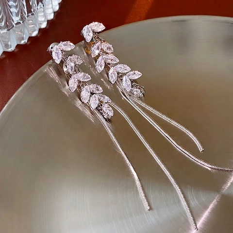Elegant Wheat Ear Long Tassel Drop Earrings With Cubic Zirconia And 925 Sterling Silver Earring Post For Women Fashion