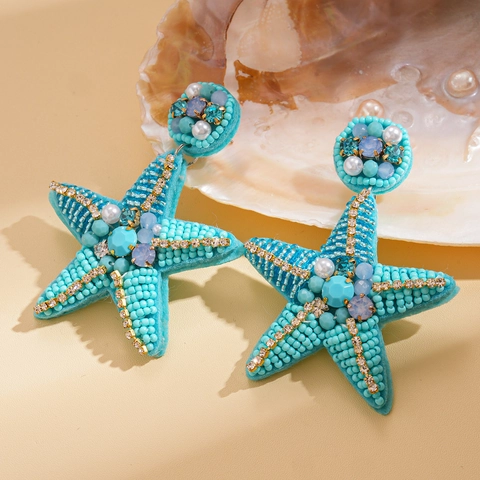 Bohemian Starfish Dangle Earrings With Turquoise Beads Faux Artificial Pearl Rhinestone And 925 Sterling Silver Earring Post Beach