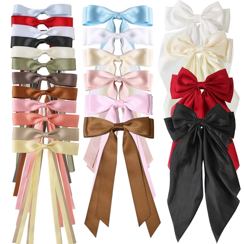 Satin Bow Hair Clip With Long Ribbon Streamer Elegant Satin Solid Color Handmade Barrette For Women Girls Hair Accessories