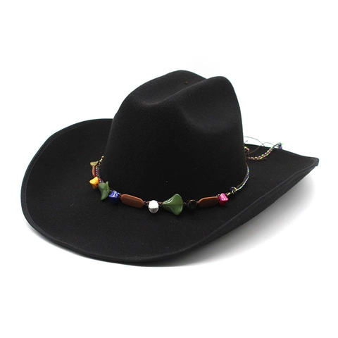 Western Cowboy Hat Wide Brim Felt Fedora With Bohemian Beaded Band Ethnic Style For Men Women