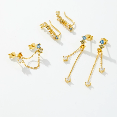 925 Sterling Silver Colorful Rhinestone Double Piercing Chain Earrings For Women 18K Gold Plated Tassel Drop Earrings Jewelry