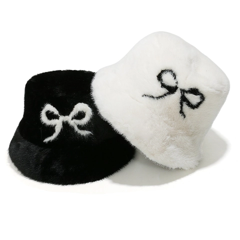 Sombrero De Pescador Para Mujer De Piel Sintética Cálido Gorro De Invierno Con Lazo De Contraste Elegante