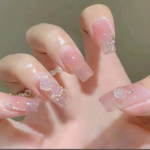 Aufpressnägel Weiße Blumen Künstliche Perle Strass Dekor Rosa Farbverlauf Lange Eckige Künstliche Falsche Nägel