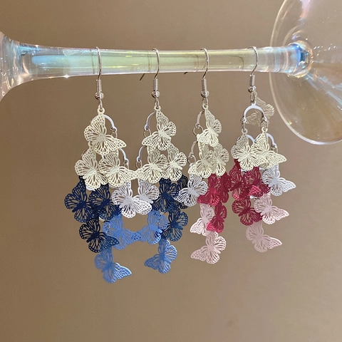 Hollow Butterfly Tassel Dangle Earrings With Silver Earring Post Gradient Color Sweet Elegant Jewelry For Women