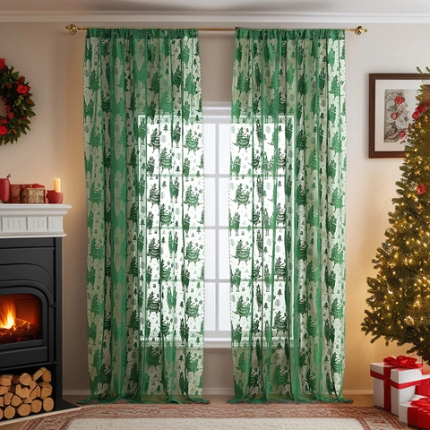 Christmas Decorative Curtains Polyester Lace Semi Sheer Holiday Window Drapes Santa Claus Reindeer Alpaca Design