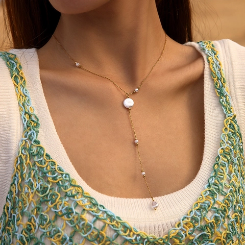 Collana con Pendente a Nappa in Perla Artificiale in Acciaio Inossidabile 304 Placcato Oro 18K per Donna Gioielli Eleganti