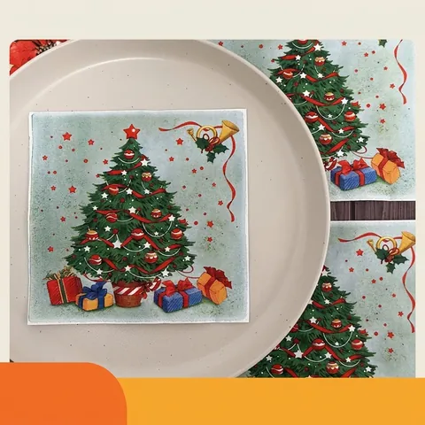 Christmas Printed Paper Napkins Wood Pulp Disposable Holiday Table Wreath Tree Pattern Banquet Decor Festive Tissues