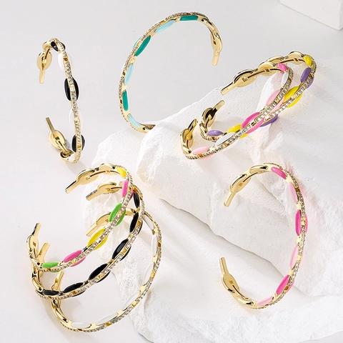 Brazalete Abierto De Esmalte Colorido Para Mujer Cobre Con Chapado En Oro De 18K Micro Pavé Circón Joyería De Moda
