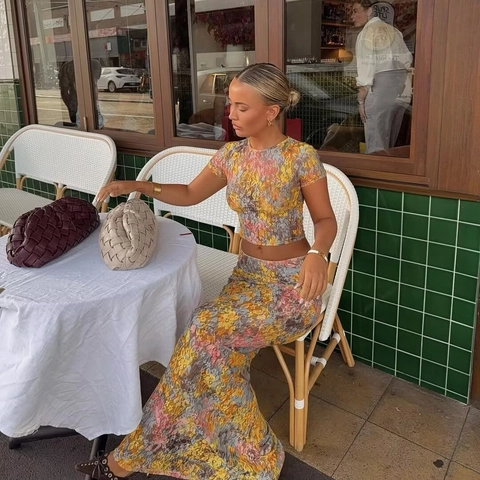 Stampa Floreale Girocollo Manica Corta Crop Top E Gonna Maxi Estate Vacanze Slim Fit Mesh Pizzo Trasparente