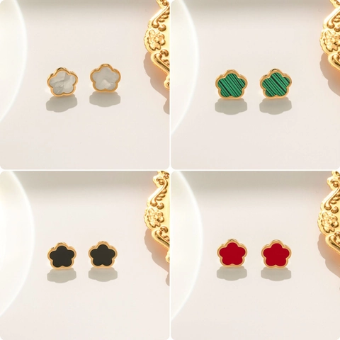 Titanium Steel Clover Flower Stud Earrings For Women White Black Red Green Shell Inlaid Gold Plated Minimalist Jewelry