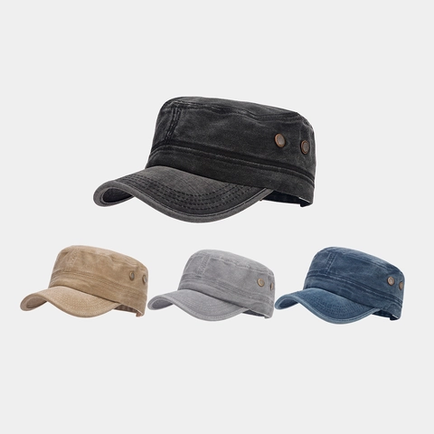 Vintage Washed Cotton Cadet Cap Military Flat Top Hat Retro Distressed Breathable Outdoor Sunshade For Men Women