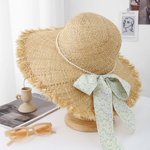 Women Wide Brim Straw Sun Hat Artificial Pearl Beads Raffia Paper Frayed Edge Bow Ribbon Flower Beach Holiday Chic