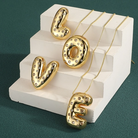 Bubble Initial Necklace 18K Gold Plated Copper Zircon Inlaid Alphabet Pendant Balloon Font Jewelry For Women