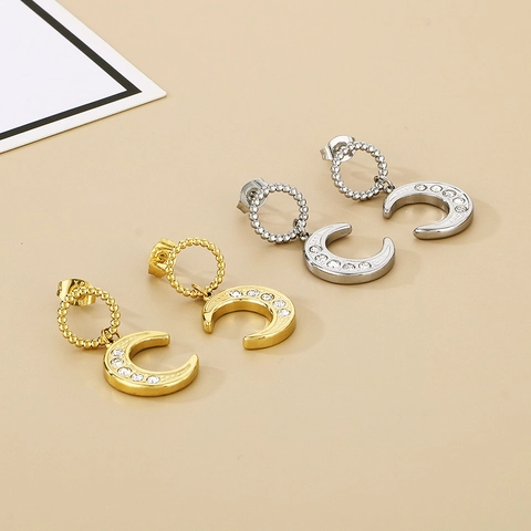 Orecchini A Perno Mezza Luna In Acciaio Inossidabile Con Strass E Cerchio Con Perline Gioielli Eleganti Da Donna