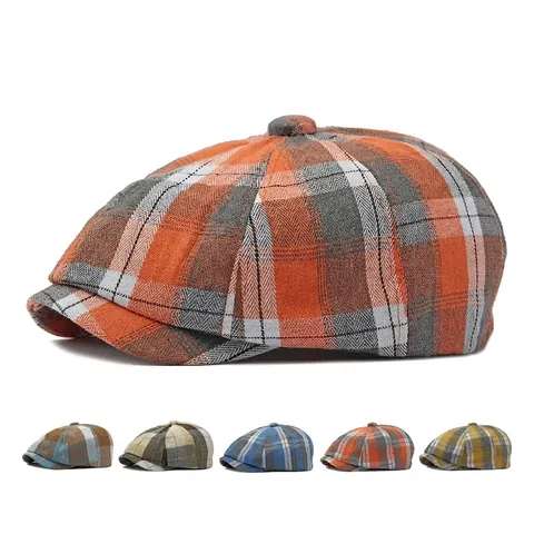Newsboy Cap Plaid Octagonal Hat Retro British Style Breathable Painter Beret For Men And Women