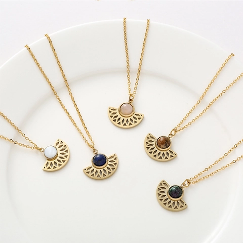 Fan Shaped Pendant Necklace Stainless Steel Inlaid Natural Stone Geometric Hollow Jewelry For Women Bohemian Style