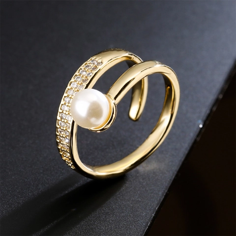 Elegant Artificial Pearl Open Ring Copper 18K Gold Plated Micro Set Zircon Geometric Adjustable Jewelry For Women