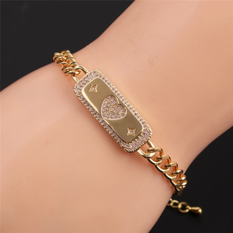 Bracelet À Charme Cœur Plaqué Or Et Jonc À Chiffres Romains Micro Pavé Zircon Détail Étoile Bijoux En Cuivre Pour Femme