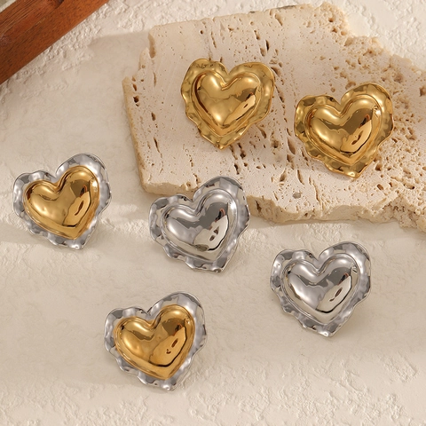 Orecchini A Lobo A Cuore Acciaio Inossidabile 304 Placcato Oro 18K Texture Lava Fusa Gioielli Vintage Per Donna