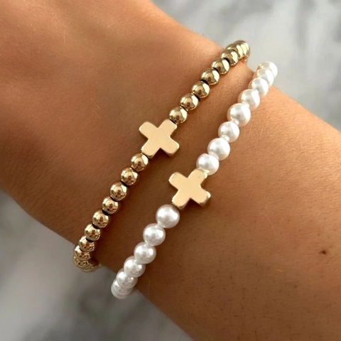 Bracciale Con Perline Pendente Croce Moda Perline Di Rame Imitazione Perla Artificial Ematite Elastico Stratificato Gioielli Donne